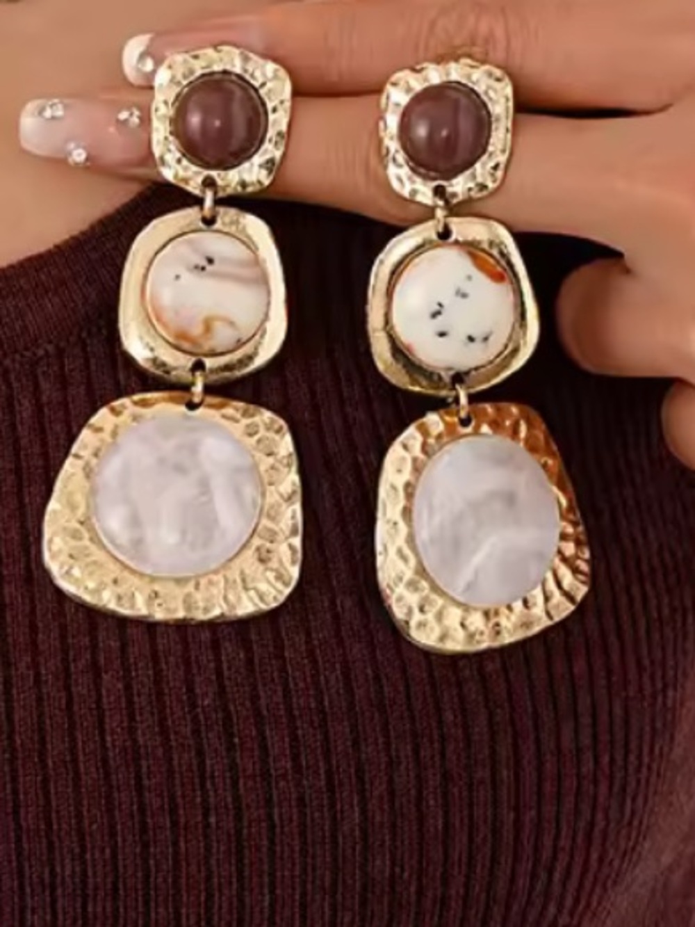 Retro Geometric Gold-Tone Pink & Brown Earrings - Women Jewelry